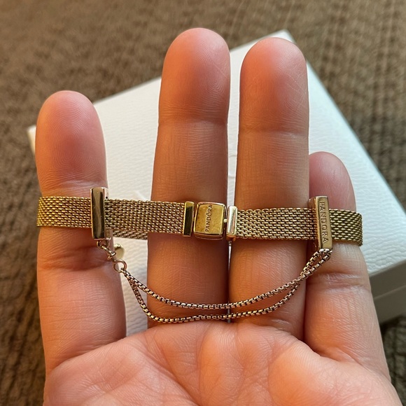Pandora 14k Gold Plated Reflexion Mesh Bracelet w/ Pandora Charms & Safely Chain - Picture 4 of 15